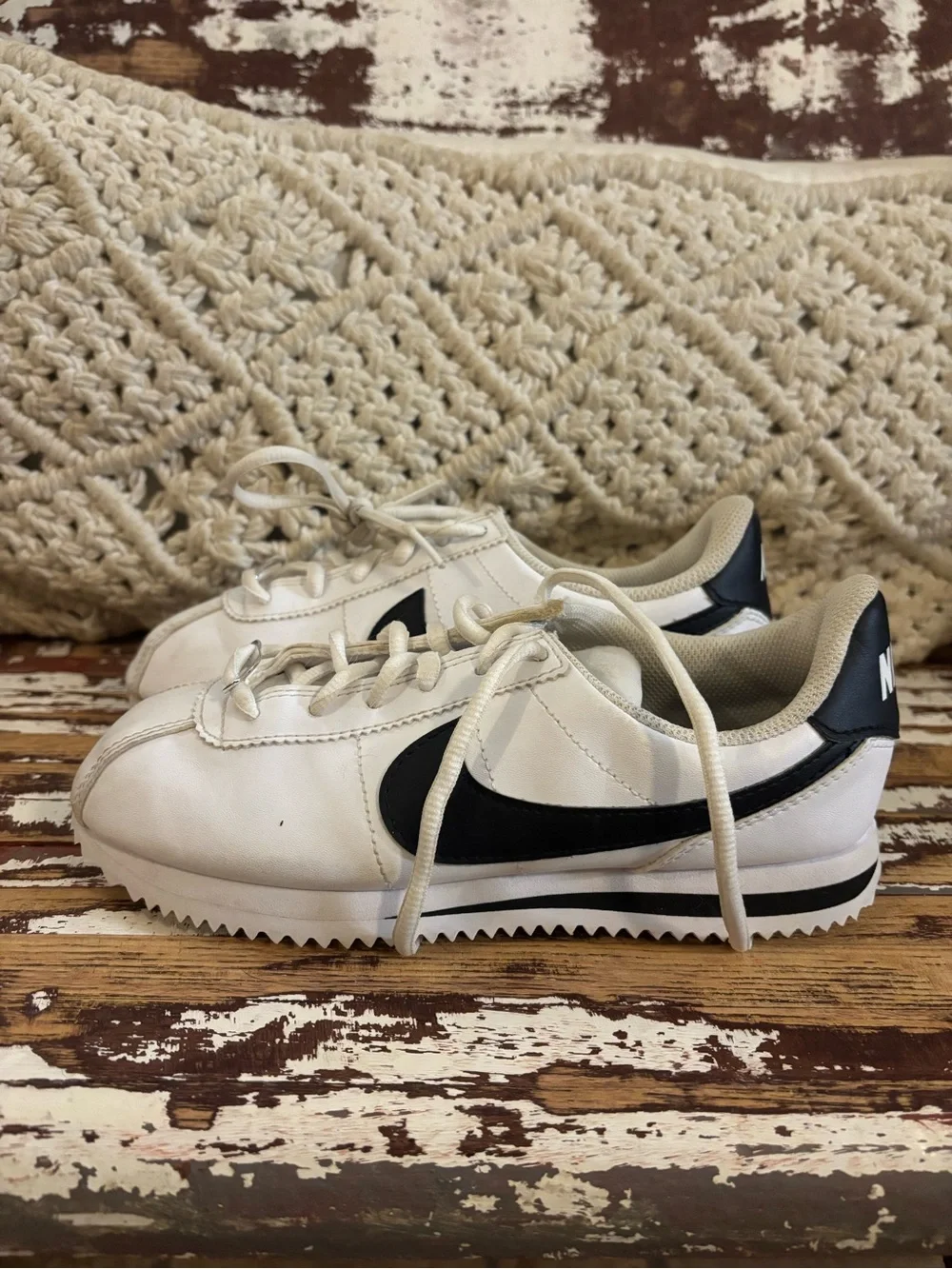 Nike White and Black Cortez-Style Low Top Sneakers